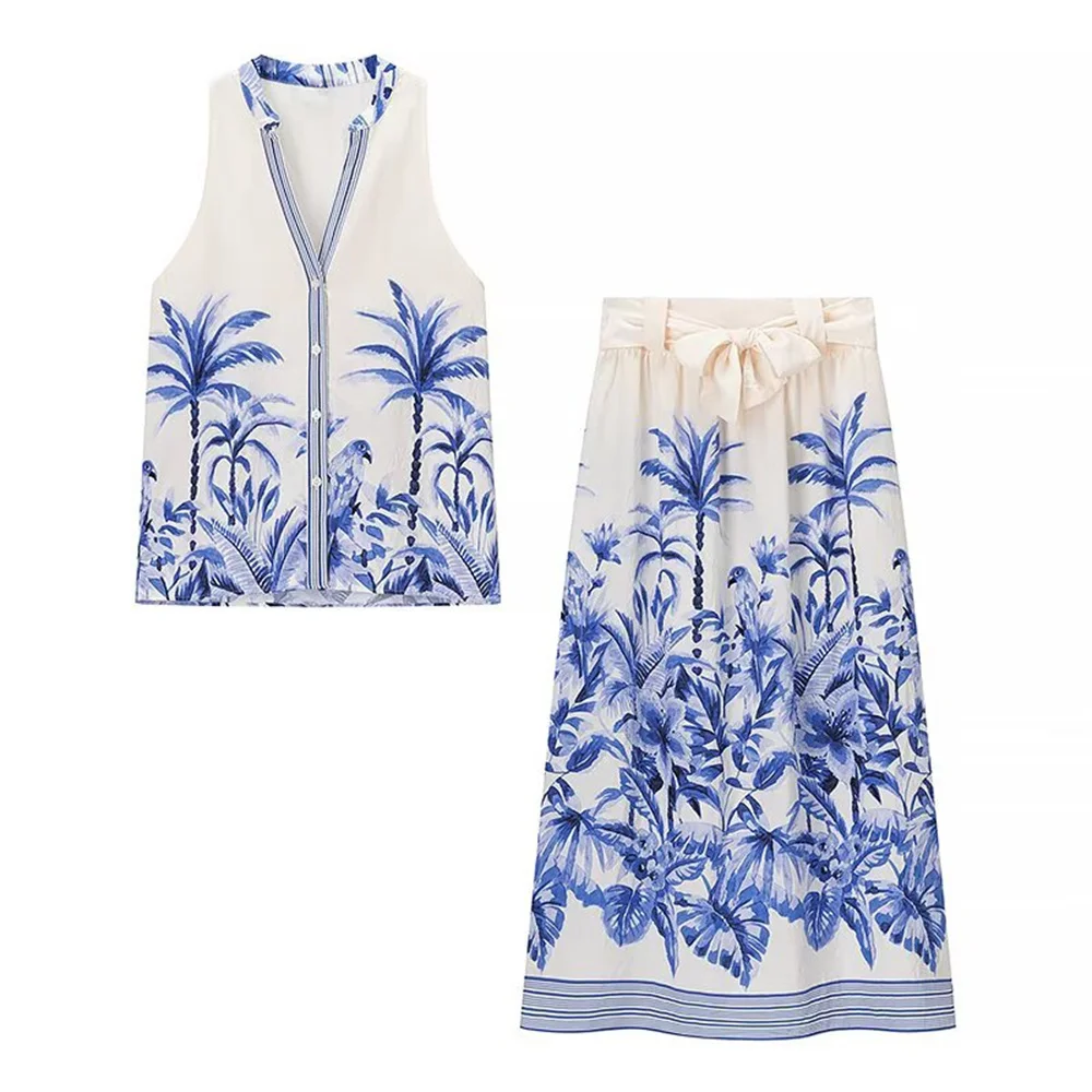

Taop&Za Women's Fashion Buckle Decoration Sleeveless Printed Hoodie Summer New Style High Waist Midi Half Skirt