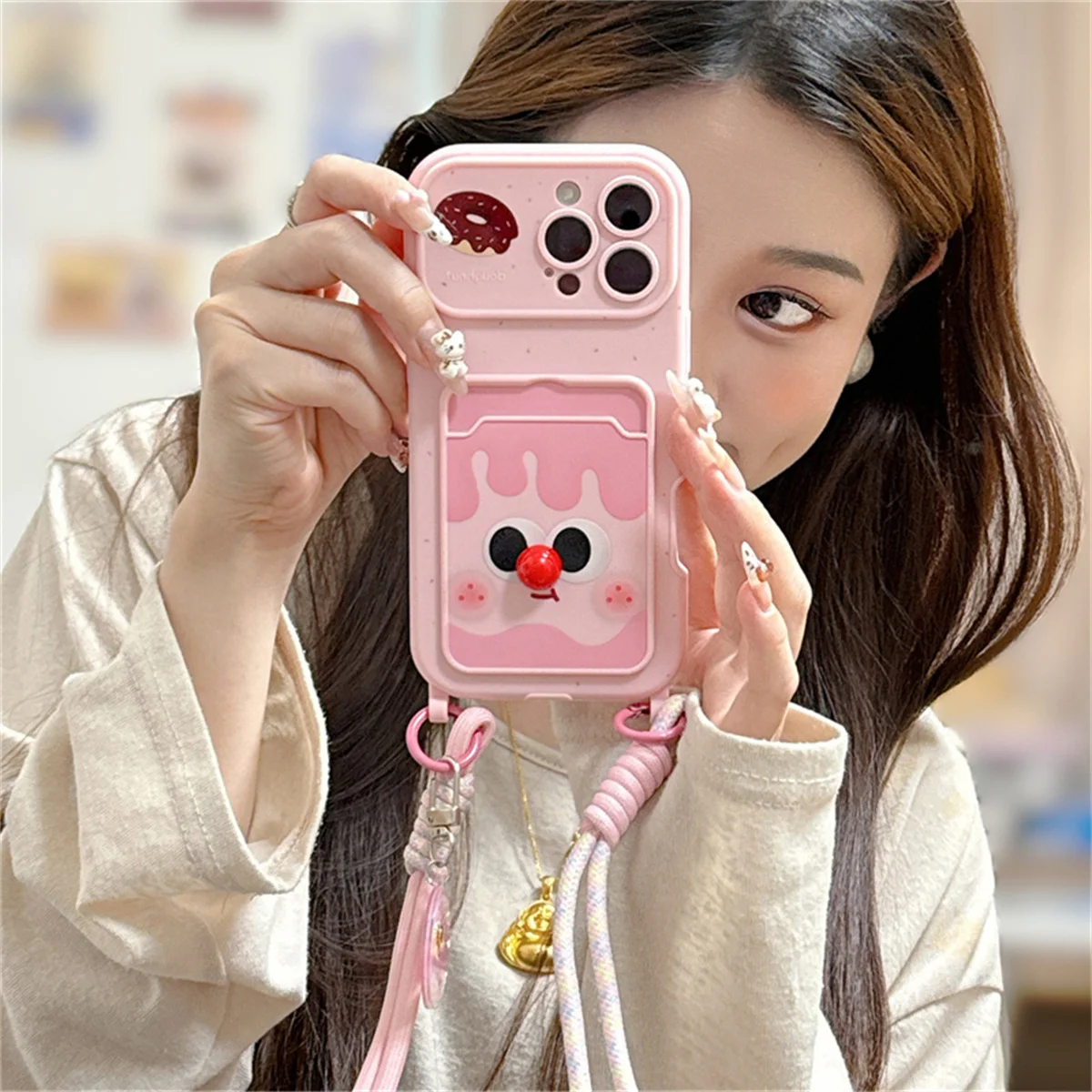 

Fashion Cute Pink Cartoon Phone Case For iPhone 16 Pro 15 14 Pro Max Cover with Card Holder Hand Strap Lanyard Hard Cases Funda