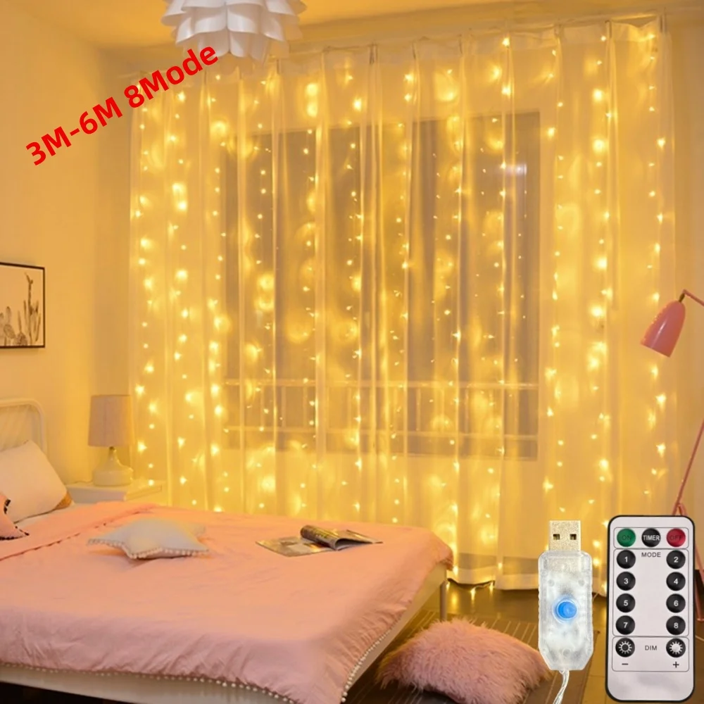 Curtain Garland with Remote for Christmas Decor, USB Power Fairy Lights, Festoon LED Lights, New Year Decor, 6x 3M, 3x3m