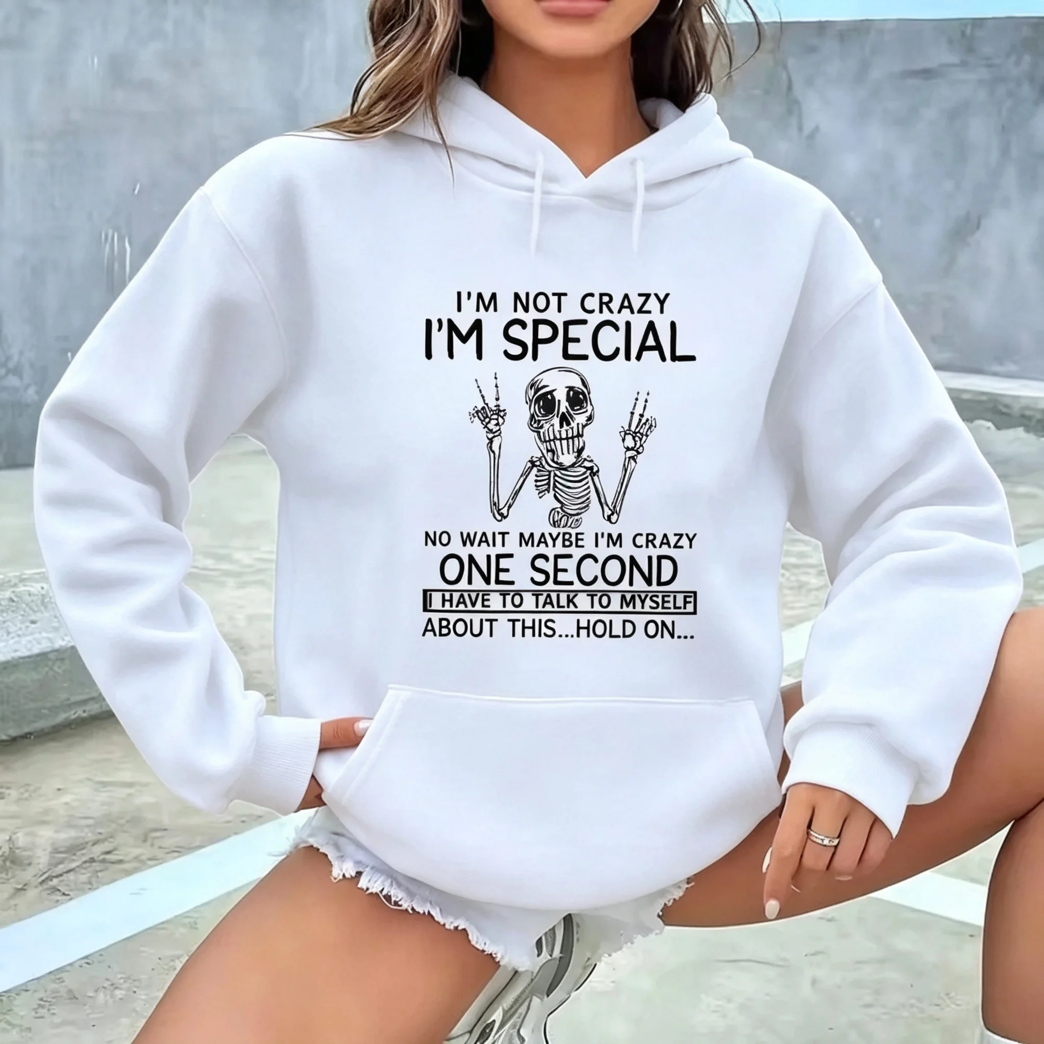 Unisex I'm Not Crazy Letter Print Hoodies Women's Humorous Skeleton Peace Sign Graphic Sweatshirts 90s Y2k Hoody Pullovers