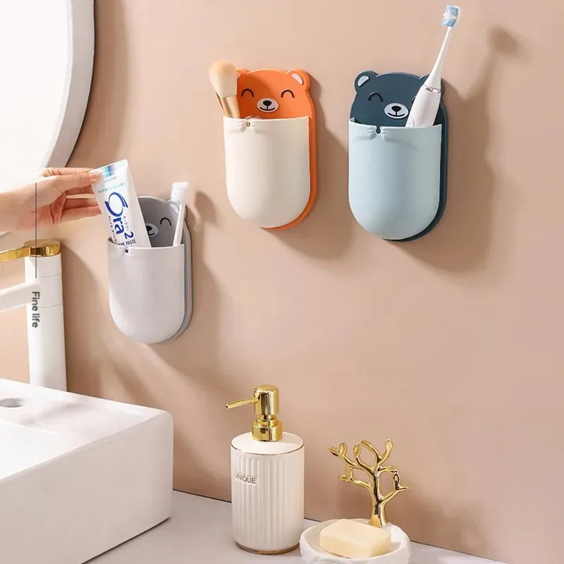 Bear Wall Mounted Toothbrush Holder Cup Tooth Brush Holder Free Punch Storage Bathroom Supplies Organizer Bathroom Accessories