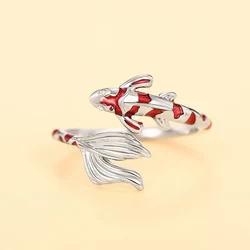 Huitan Creative Red Koi Design Opening Rings for Women Handmade Fish Rings Daily Wear Dance Party Chic Accessories Girls Jewelry