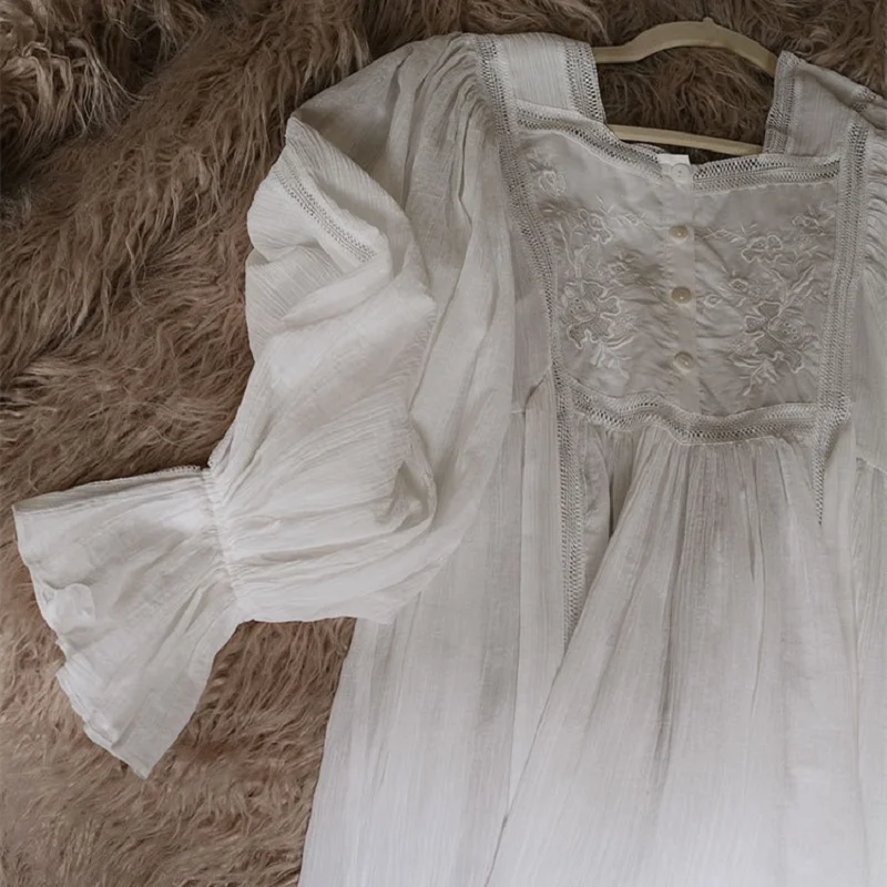 Hanxiuju delikatne Vintage hafty bawełniane damskie długie koszule nocne luksusowe piżamy eleganckie luźne Nighty wiosna jesień sukienka — zdjęcie 7