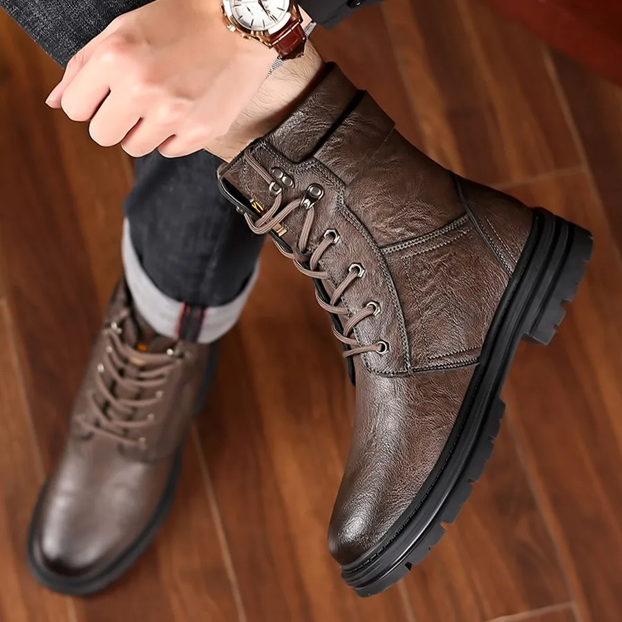 Herren-Winterstiefeletten, Schnürstiefel mit hohem Schaft und verstellbarer Schnalle, strapazierfähige Sohle für Wanderungen und Freizeitkleidung. – Detail 18