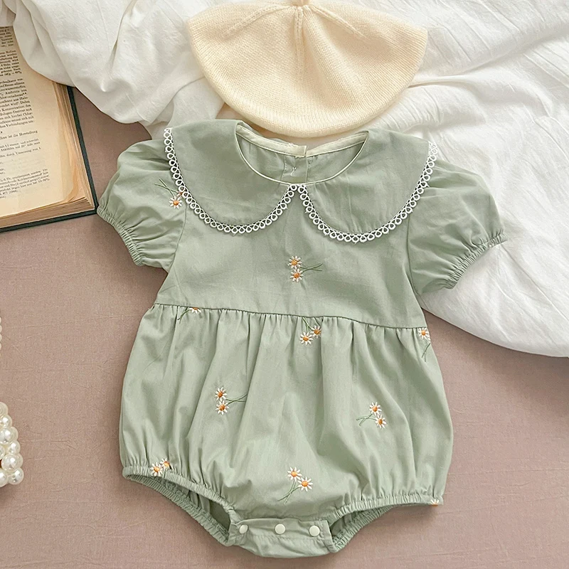 2024 New Summer 0-24M Baby Girl Clothing Newborn Baby Girl Romper Short Sleeved Cotton Embroidery Korean Style Climbing Suit