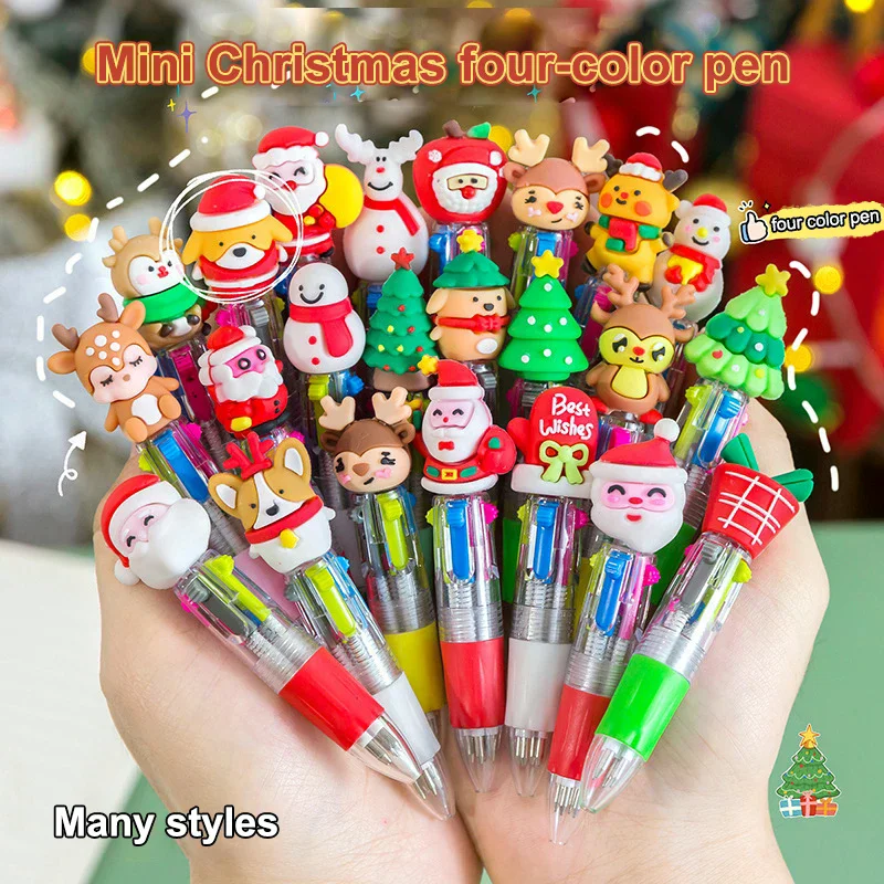 

5Pcs Christmas Mini 4 Color Ballpoint Pen Cute Cartoon Elk Santa Claus 6 Color Retractable Pen Student Stationery Supplies