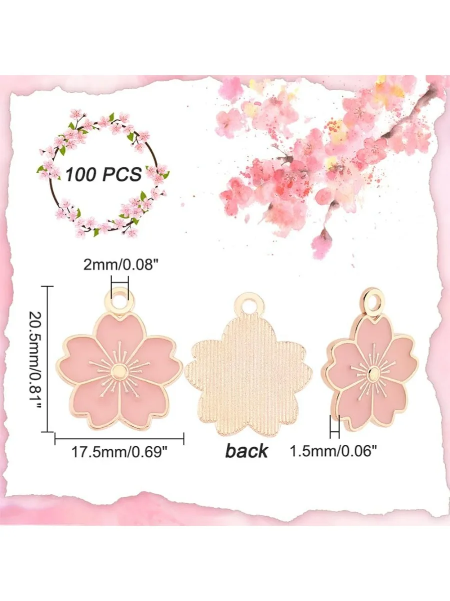 100Pcs Enamel Flower Charms Pink Sakura Charms Golden Cherry Flower Blossom Charms Flatback Sakura Alloy Dangle Pendants