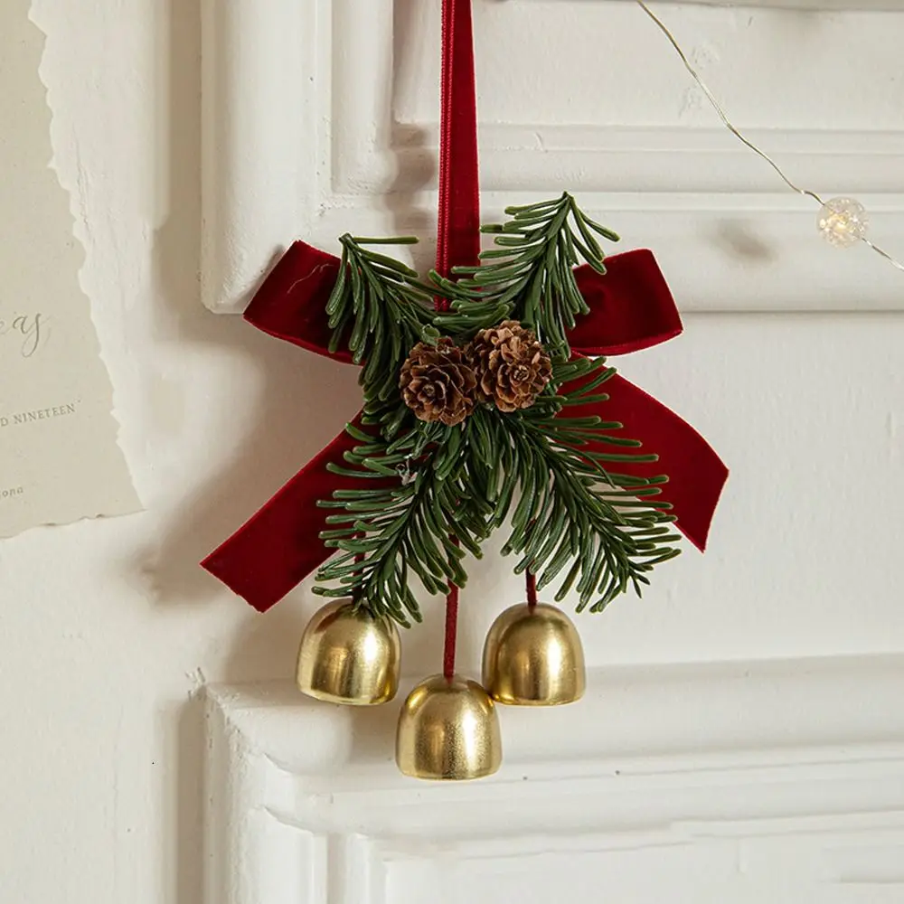 Red Christmas Velvet Bow Bell Hanging Metal Christmas Chime Bell Festive Crisp Sound Pine Cone Bell Pendant