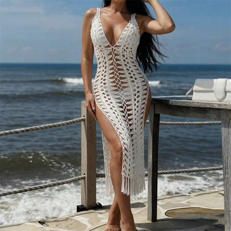 Women‘s Sexy Sleeveless Deep V Backless Side Slit Fringe Knit Dress Summer Beach Swimsuit Female Crochet Bikini Cover-Up Robe