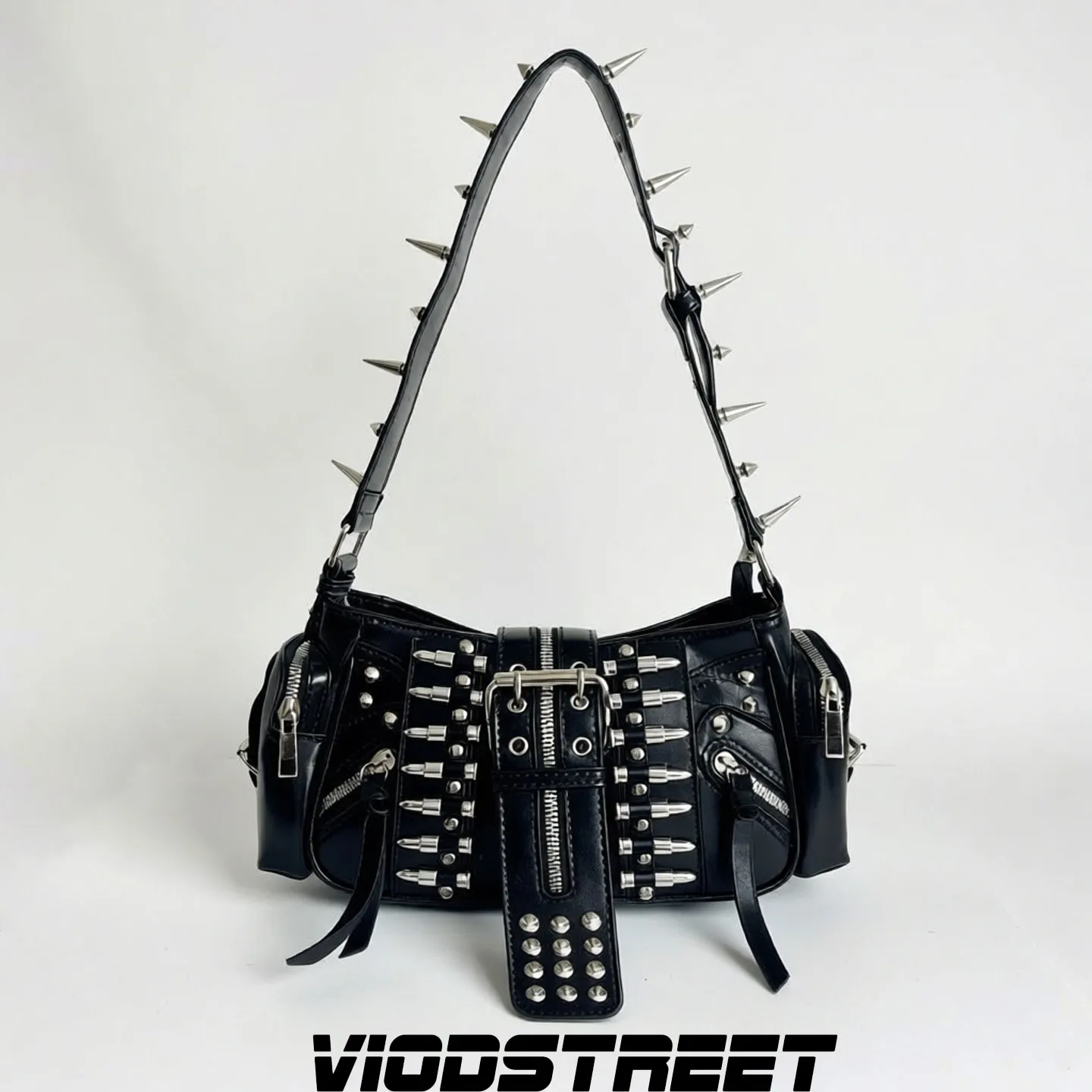 Black Rivet Underarm Bag for Women's Locomotive Style Black Punk Goth Design Bags Spice Girl Commuter Shoulder Bag