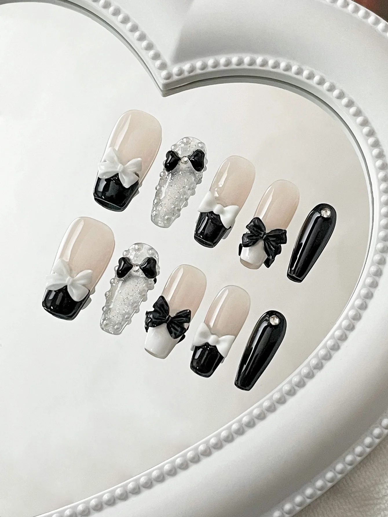 Black White French Press On Nails, Handcrafted Medium False Nails with 3D Bows, Sparkle Pearl & Glitter Decor