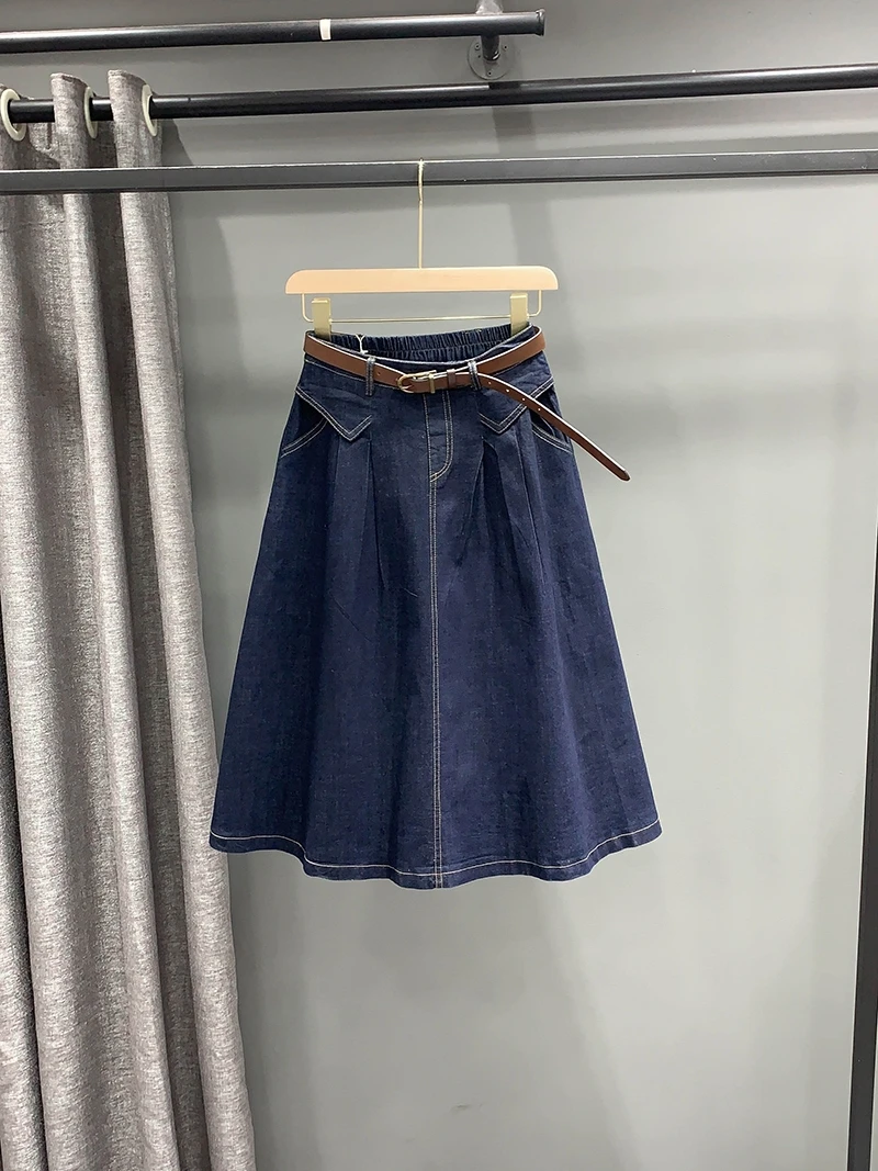 Dark Blue Women Denim Skirt 2024 New Spring Summer All-match Elastic Waist Mid-long Casual A-line Female Skirt Solid Color