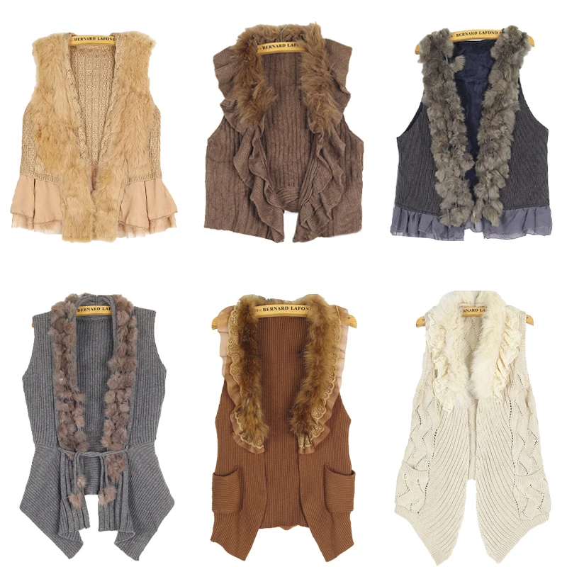 ヴィンテージニットフォックスファーカラーベストオープンカーディガンY2Kアビットラビットファーワンダーラストストリートスタイル厚みのある秋冬セーター