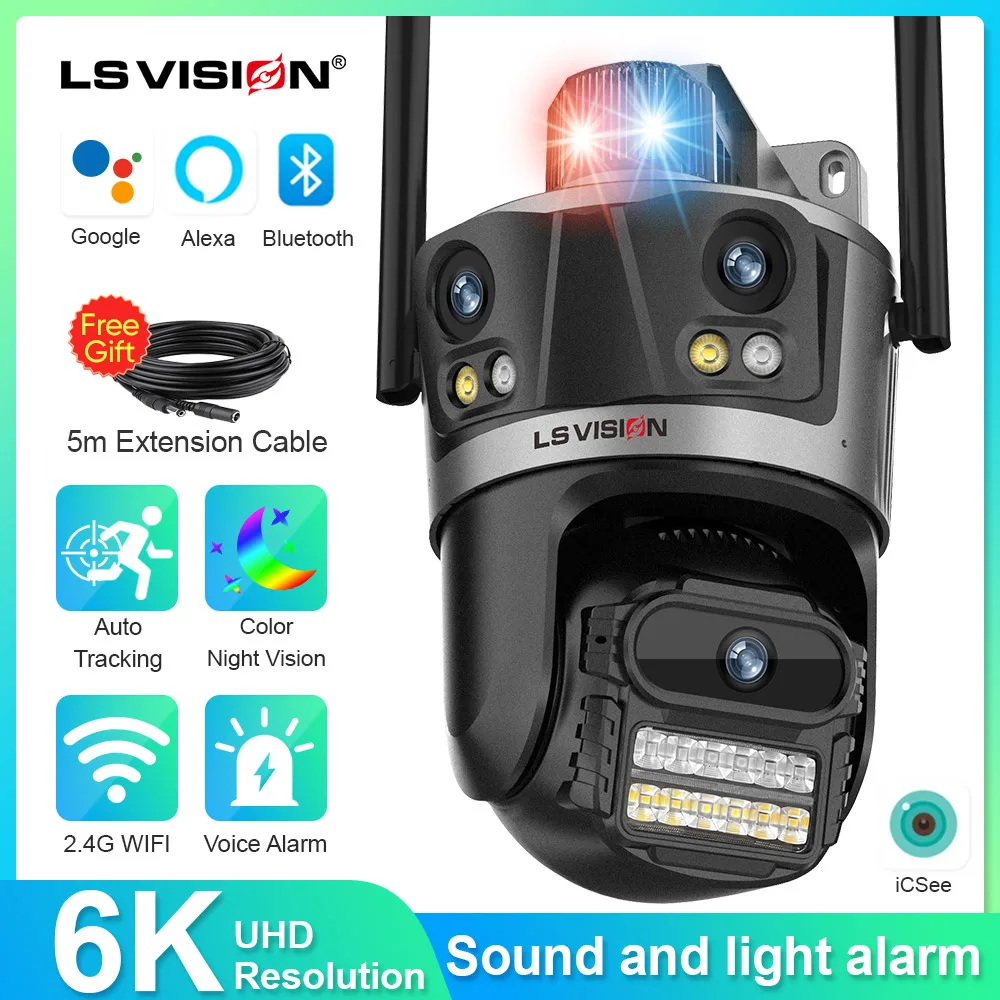 LS VISION 12MP 6K WIFI IP 야외 카메라 모션 추적 PTZ 3K 비디오 카메라 3 렌즈 3 화면 보안 CCTV Survalance