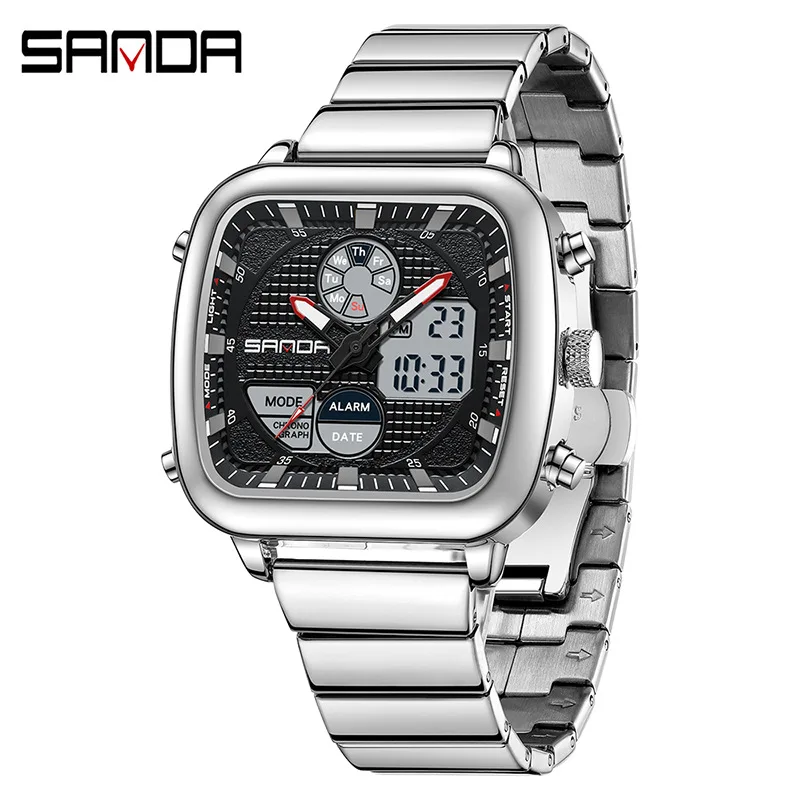 SANDA hot-selling quartz electronic dual-movement watch multi-functional waterproof men's watch luminous steel belt men's watch
