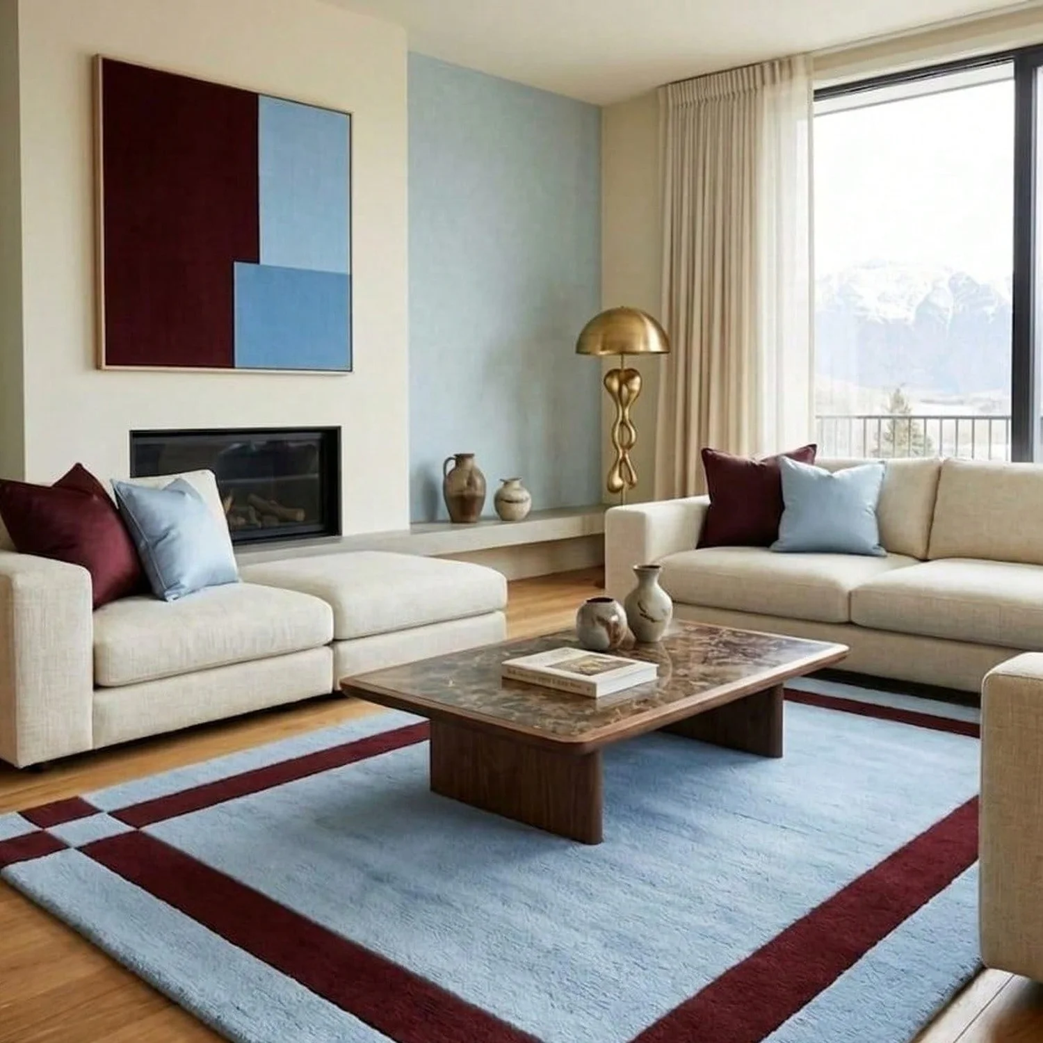 Tufted Carpet, Soft Blue and Burgundy Geometric Wool Carpet, Comfortable and Simple Living Room Carpet, Modern Flooring.