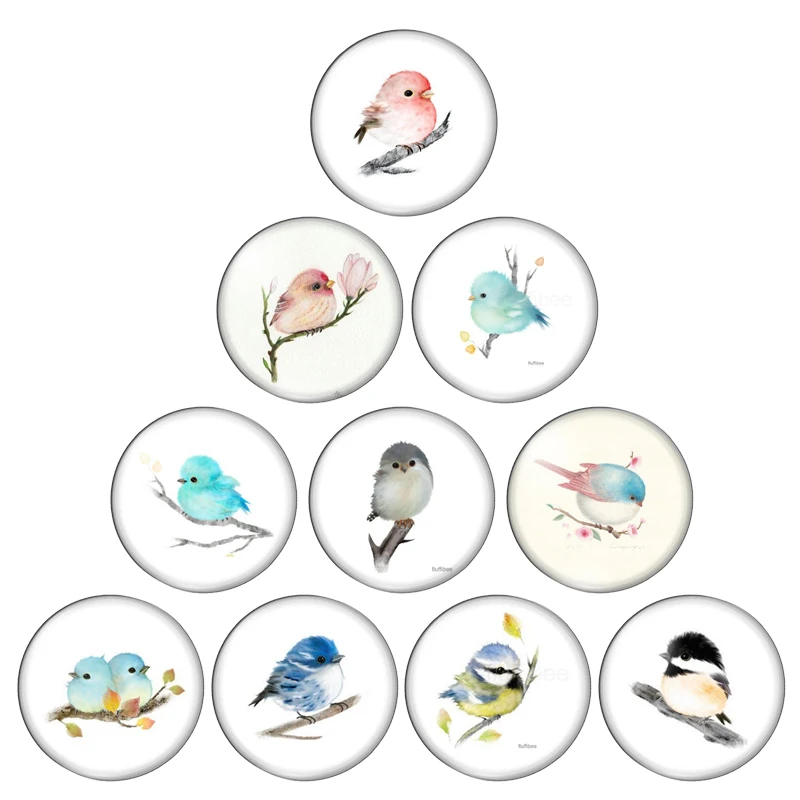 

Милые мультяшные птицы, дерева, художественные картины, 12 мм/18 мм/20 мм/25 мм, круглые фото, стеклянный кабошон, демо, плоская задняя часть, изготовление выводов