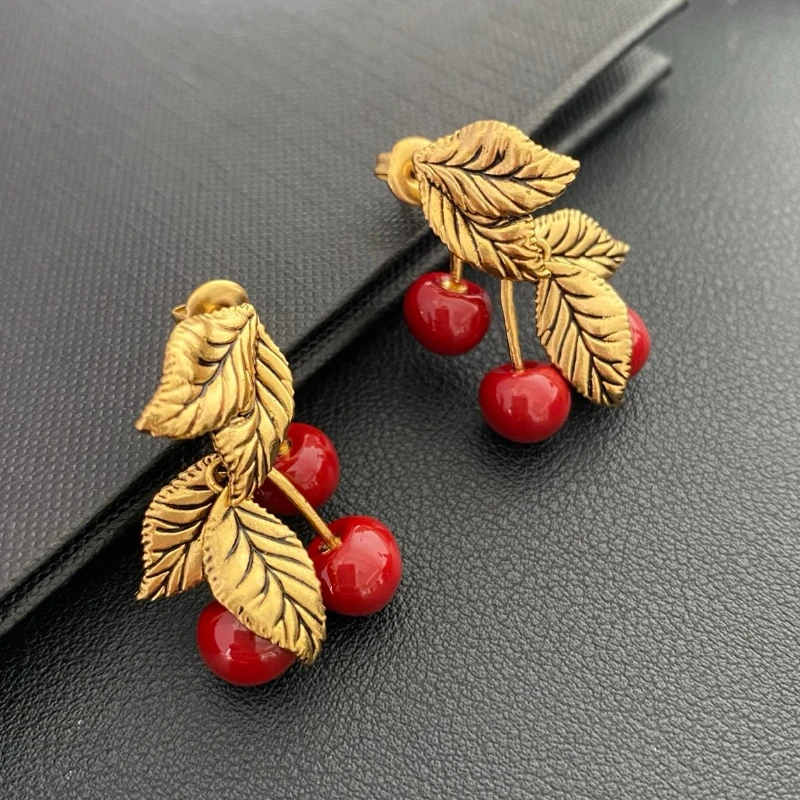 

Europe Vintage Cherry Earrings Women Unique Design Luxury Jewelry Exquisite Gift Trend