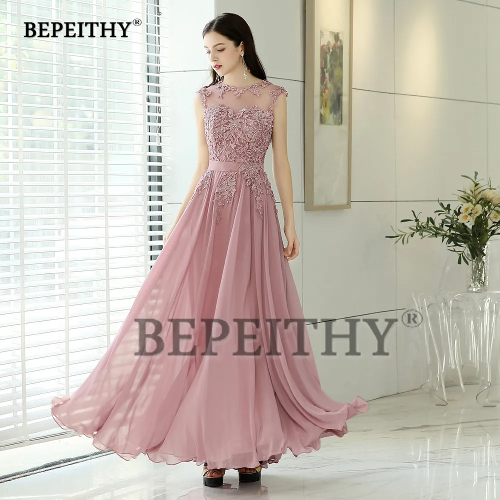 BEPEITHY Customized A-line Pink Evening Dresses Lace Robe De Soiree Vintage Prom Dress With Belt Chiffon Vestidos De Noche 2023