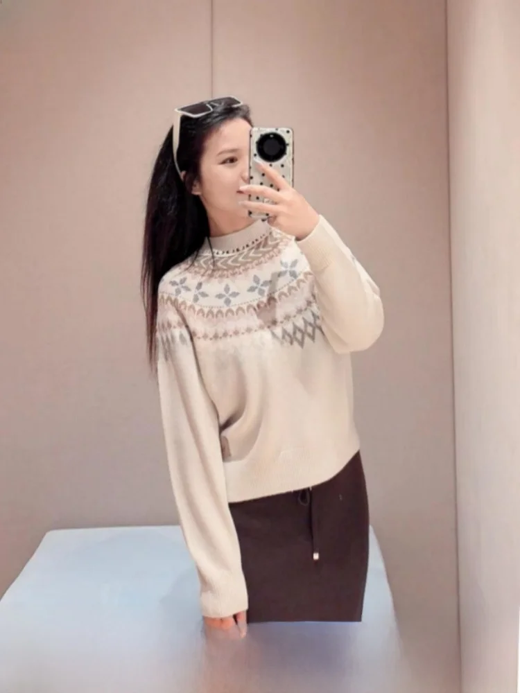 

New Autumn 2024 Yak Wool Knitted round Ne Sweater Ethnic Tkae off oulder Color Blo Design Straight Cut Commute Sle