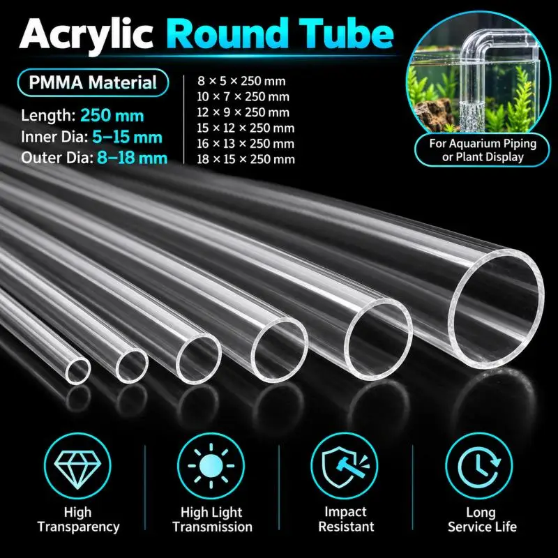 1/2pcs Clear Rigid Acrylic Pipe 5~15mm ID 8mm-18mm OD Plastic Round Acrylic Tube for Water Cooling System Lamps Aquariums