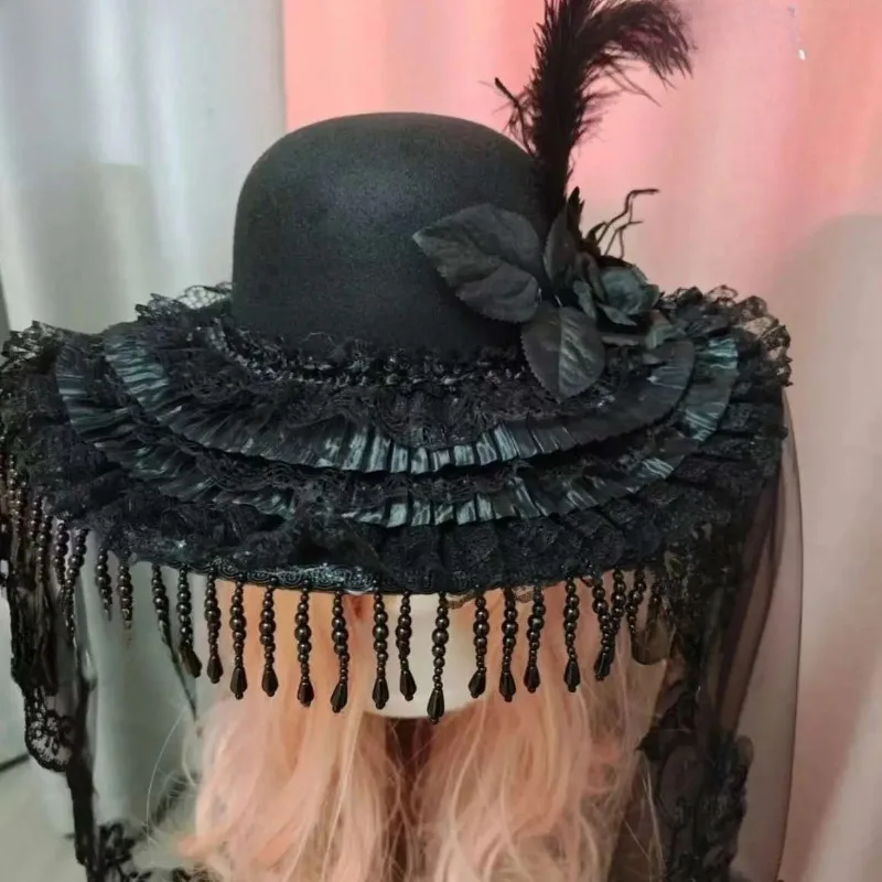 

Japanese Subculture Y2k Vintage Elegant Lace Pleated Top Hat Headwear Gothic Lolita Party Feathers Hat Apparel Accessories Women