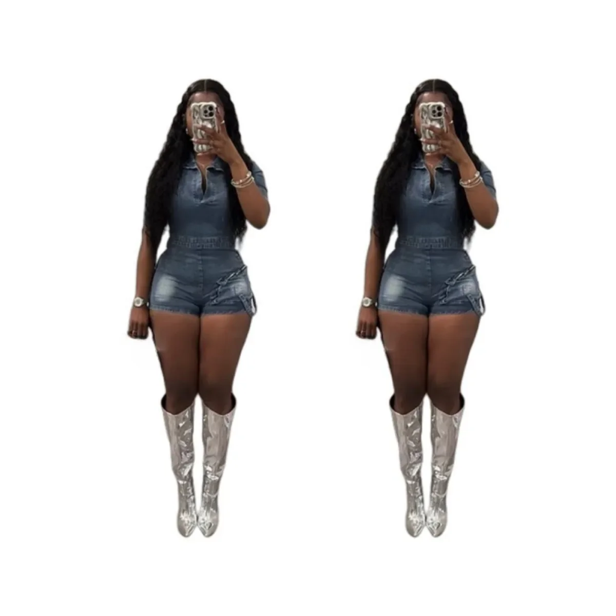 Denim Jumpsuits Women Vintage Rompers Overalls Stretch Washed Turn Down Collar Sexy Jeans Short Pants One Piece Shorts 2025 - view 3