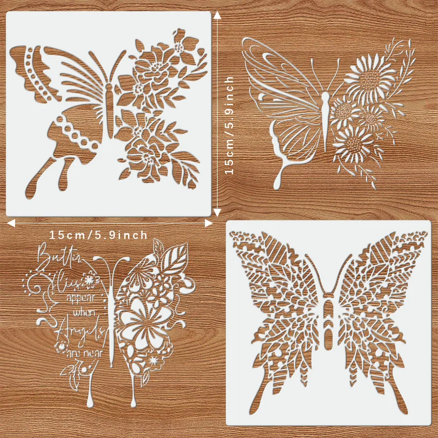 4개 나비 & 꽃무늬 스텐실 세트 - 천사 견적 DIY 페인팅 템플릿, 재사용 가능한 아트 스텐실