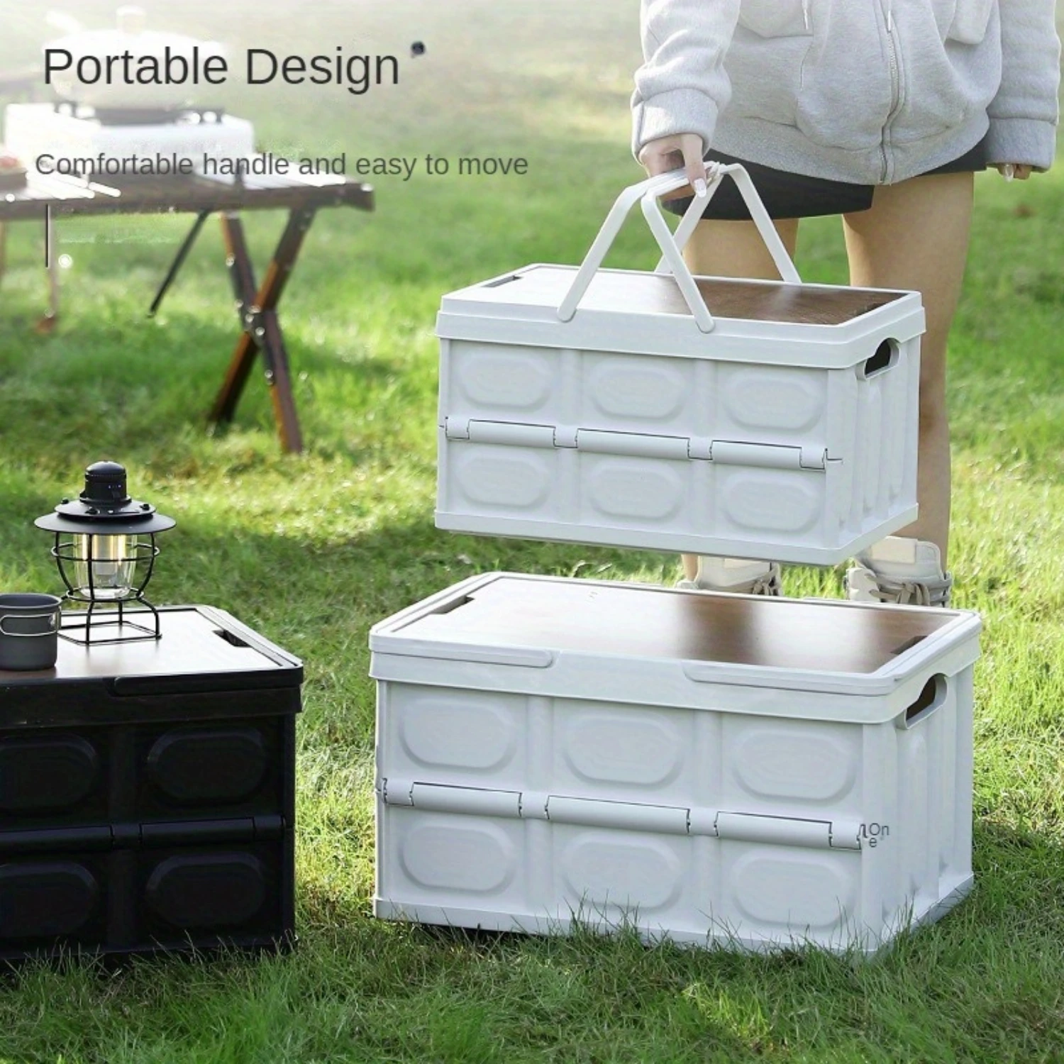 

1pc White Small Foldable Picnic Basket, Plastic With Double Swing Handle, Collapsible Space-Saving, Portable Design For Outdoor