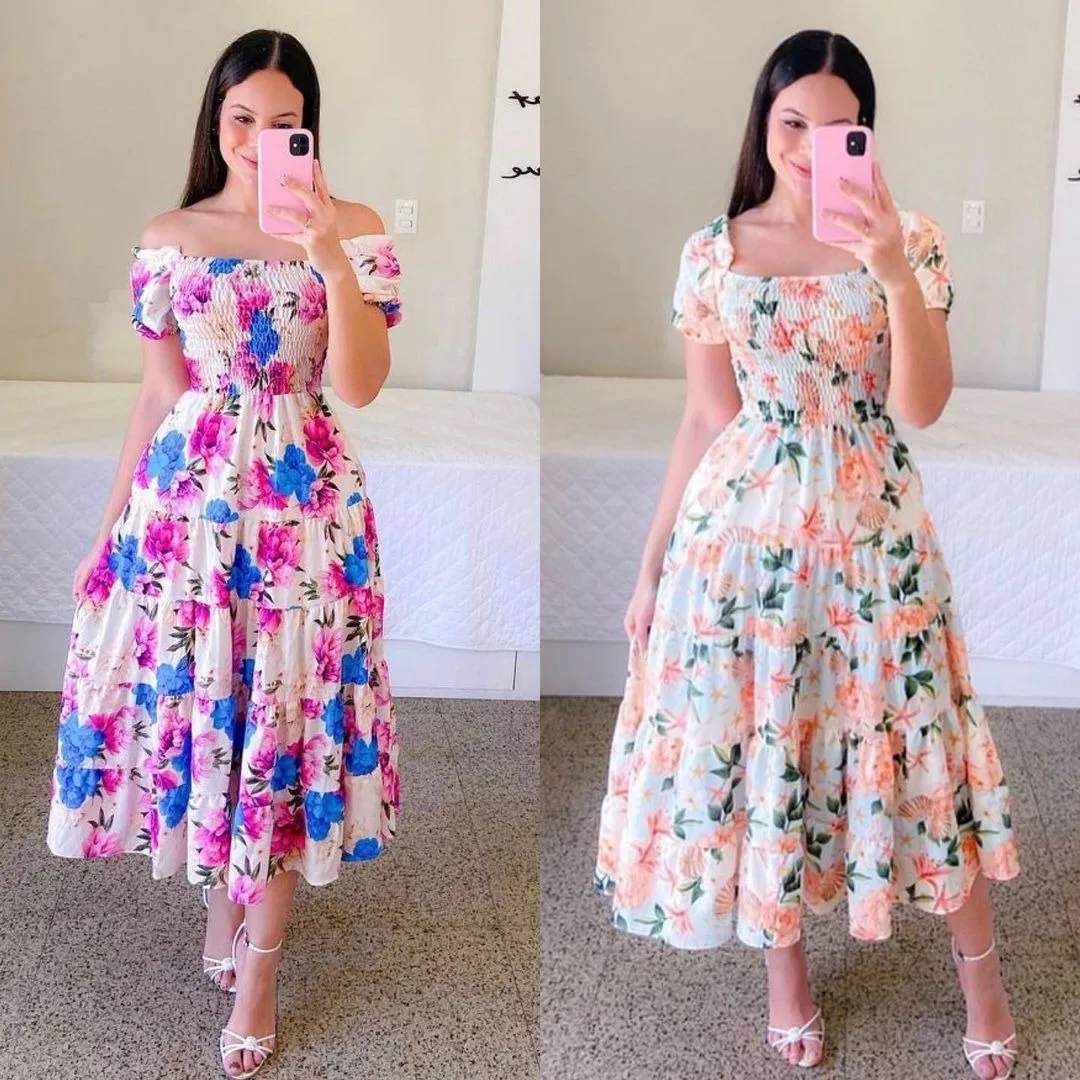 

Women Sexy Off Shoulder Midi Dress Summer Fashion Dresses High Waist Flower Print Short Sleeve Party Dress Robe Elegant Clothing