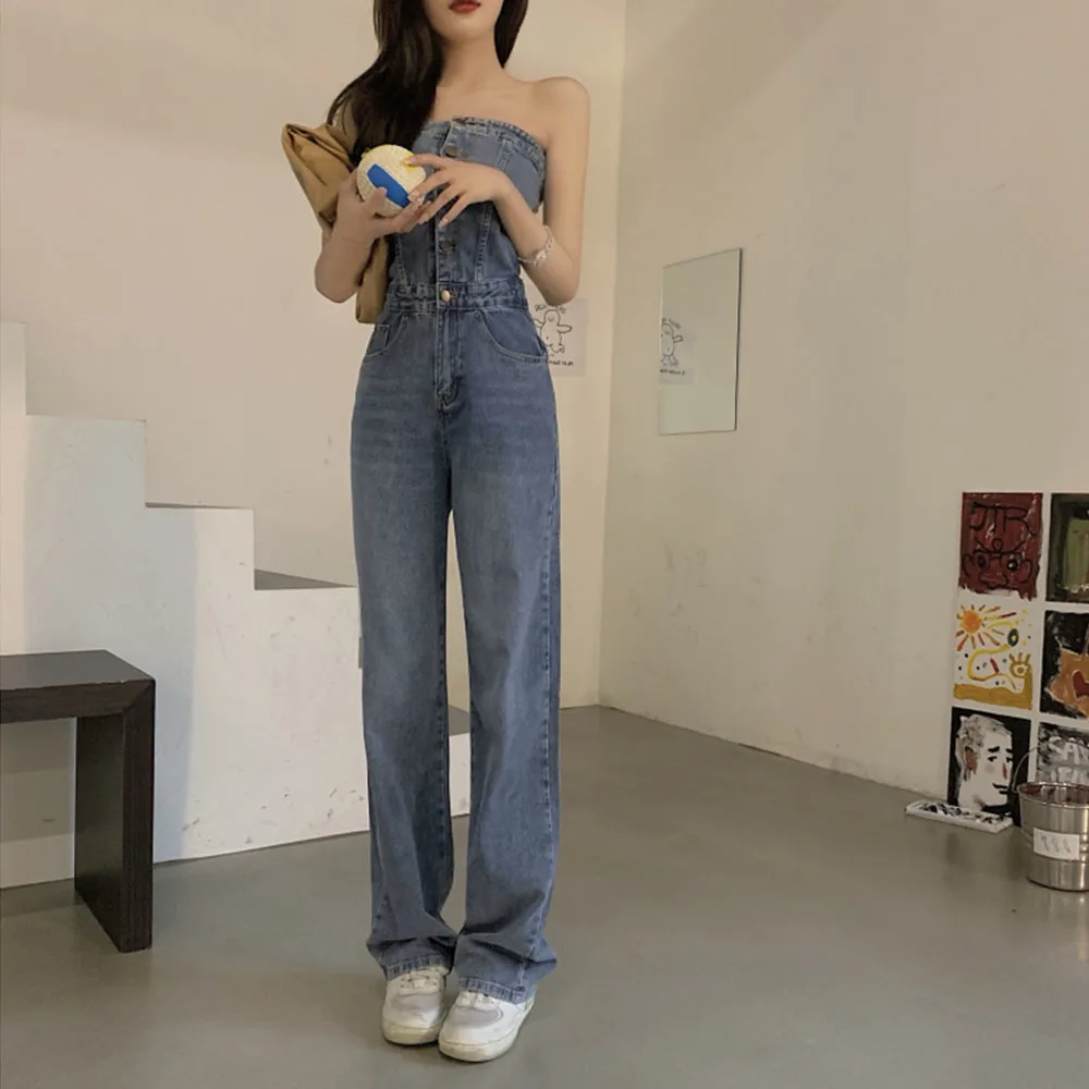 Spring Autumn New Temperament Sexy Sleeveless Tube Denim Wide-leg Jumpsuits Women Fashion Streetwear 2022