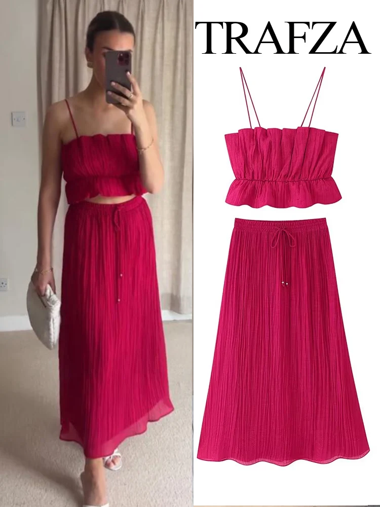 

TRAFZA Women Elegant Sleeveless Backless Pleated Decoration Sling Short Top+Elastic Waist Bow Lace-up Summer Midi Skirt Set
