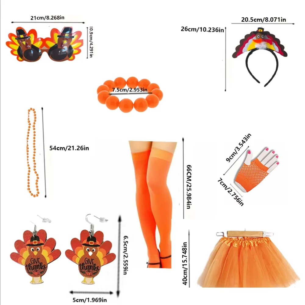 PESENAR Thanksgiving Turkey Costumes Set Includes Turkey Trot Tutus Turkey Headband Socks Gloves Glasses Necklace Bracelet