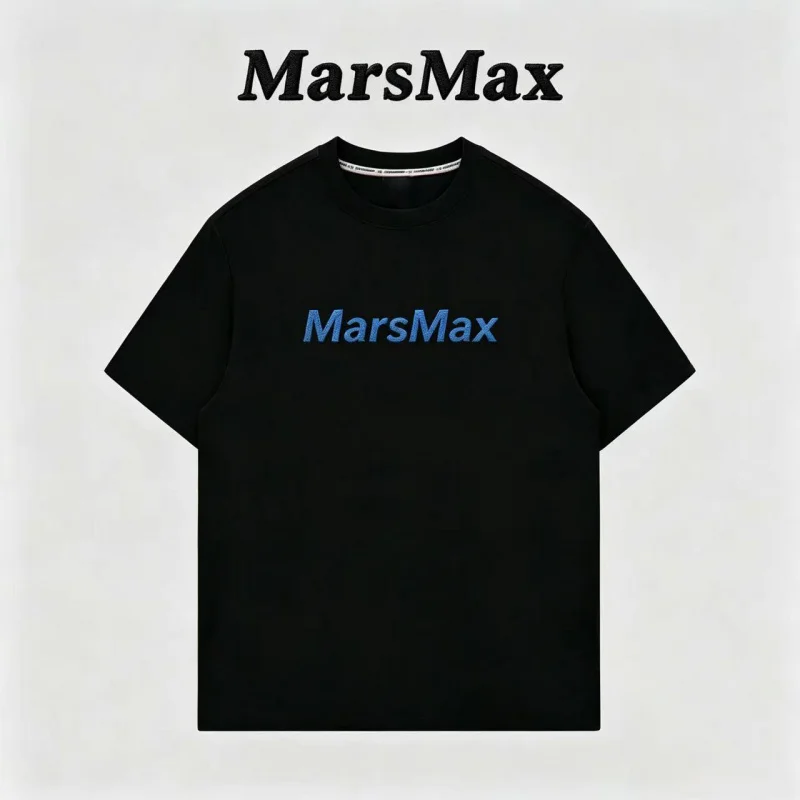 100% Pure Cotton Embroidery T-shirt Men MarsMax 3D Thick Stitch Letter Graphic Tee Oversized Heavyweight Soft White Basic Short