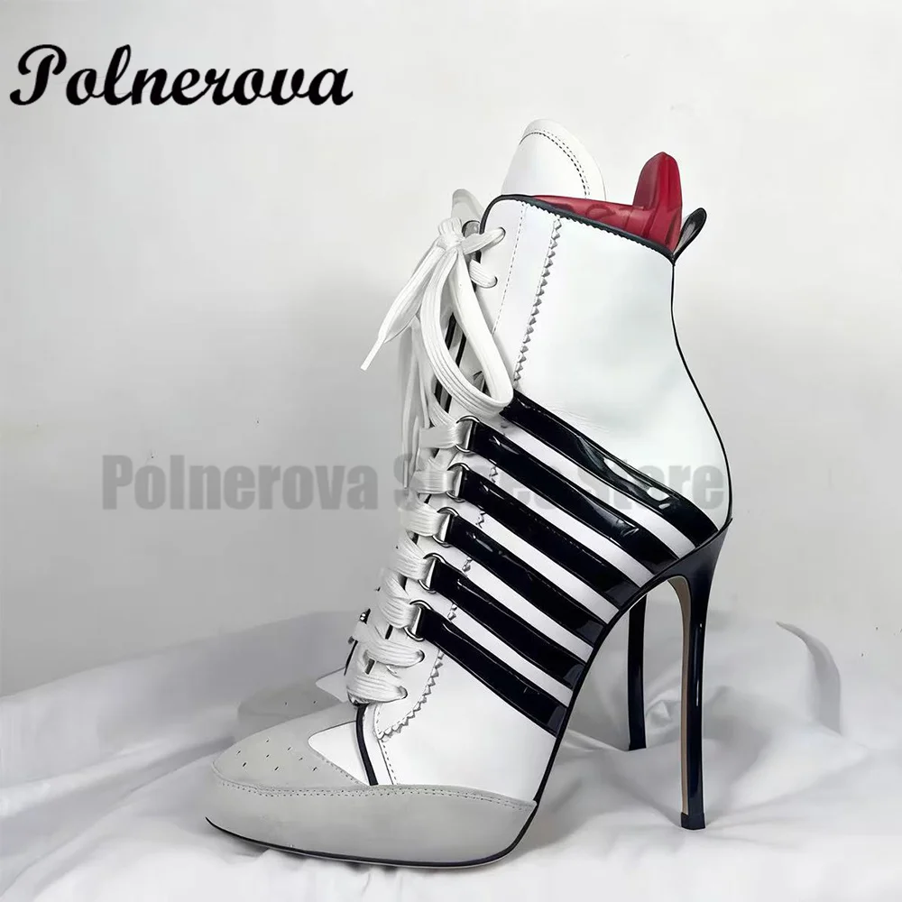 รองเท้าผ้าใบหุ้มข้อสูงแบบแพทช์เวิร์คสำหรับผู้หญิง รองเท้าบูทหุ้มข้อสีผสม หัวกลม ผูกเชือก ส้นสูง รองเท้าผู้หญิง รองเท้าบูทผู้หญิง