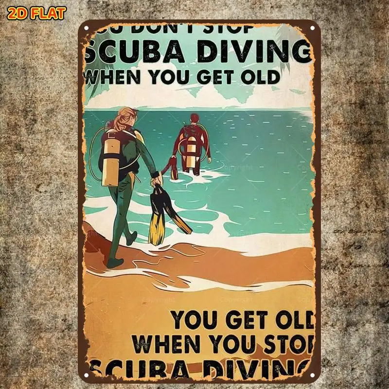 2D Flat, 1pc, Retro Vintage Scuba Diving Poster Art Metal Tin Sign, with Pre-Drilled Holes, Ideal Office, And Restroom Decor