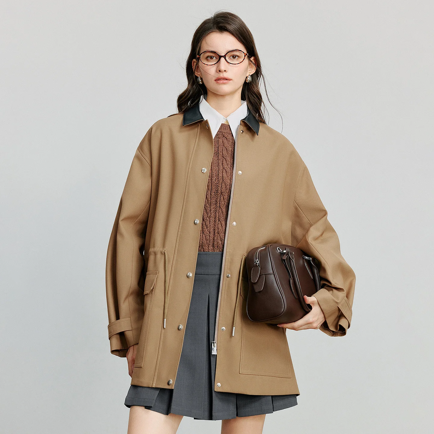 TOYOUTH Women Trench Coat 2025 Autumn New Barn Style Patchwork Collar Snap Button Mid Length Retro Workwear Jacket Coat