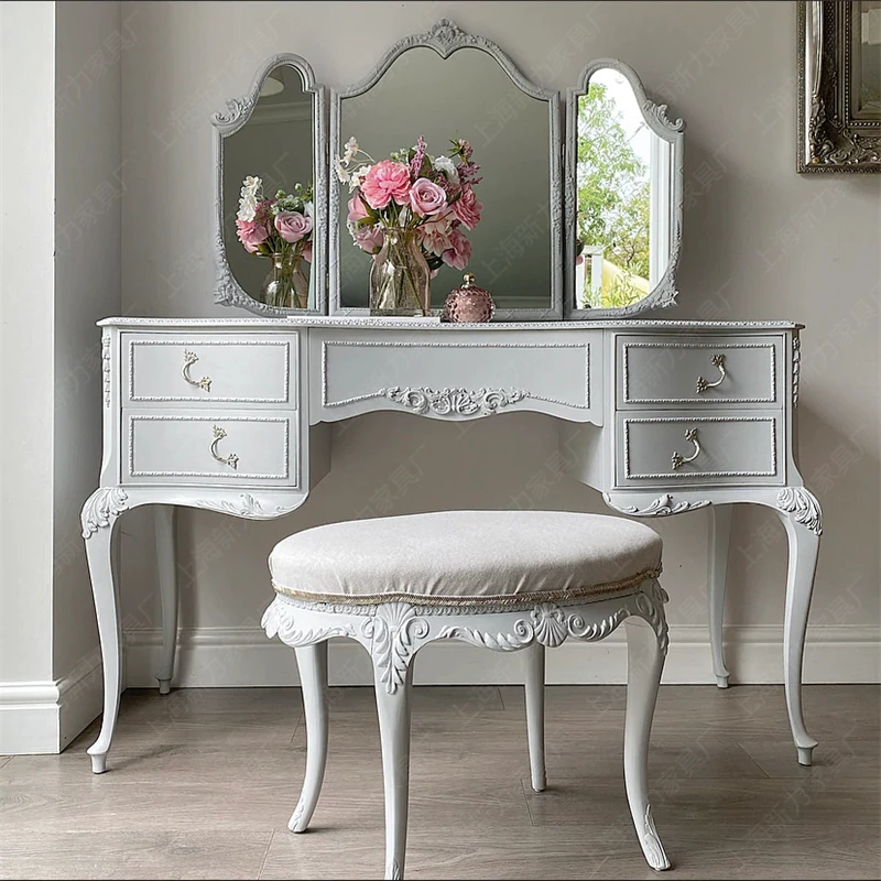 

White vintage distressed dresser, solid wood, carved, mirror,stool, makeup table, home