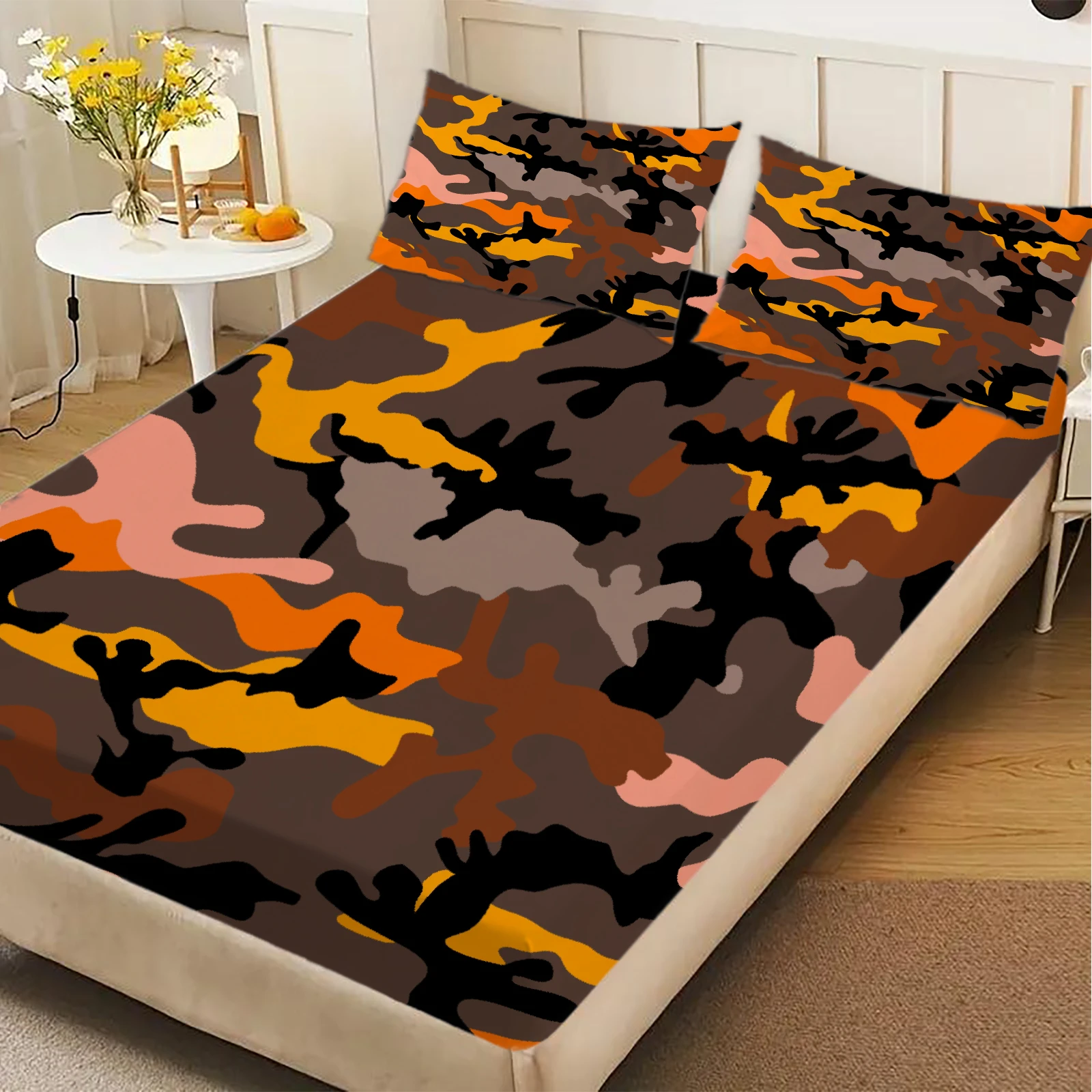 1Pc Orange, Pink And Black Camouflage Fitted Sheet Deep Pocket Elastic Mattress Cover Single Double Queen King Bedroom Decor