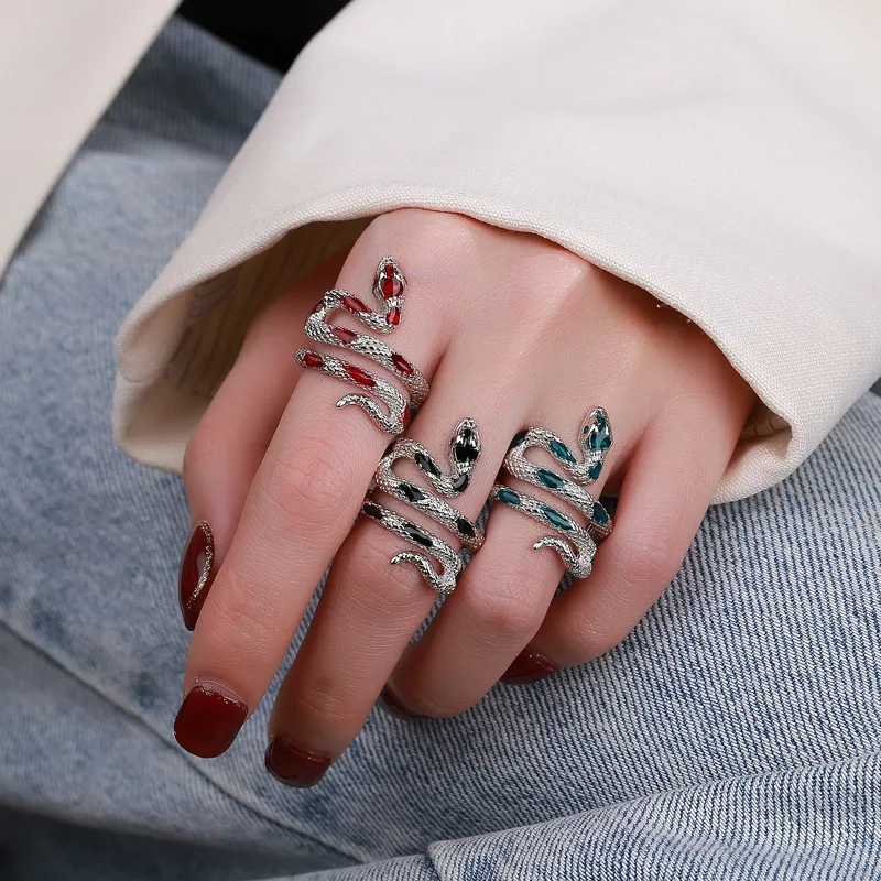 Red Green Black Drop Glaze Punk Snake Rings for Women Men Retro Silver Color Open Adjustable Finger Ring Fashion Gift Wholesale image 3