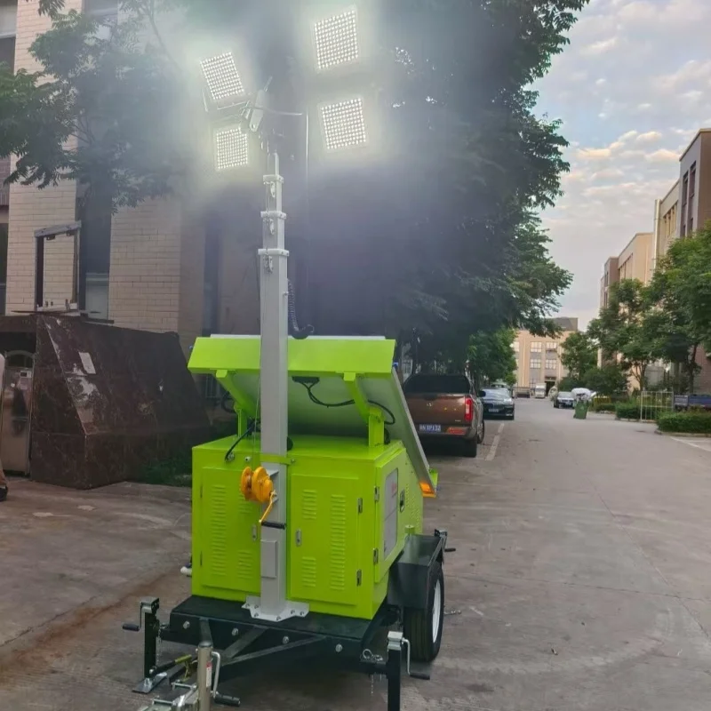 Customized Green Energy Mobile Solar Trailer 4*100W LED Solar Light Tower for Construction Site and Road Rescue