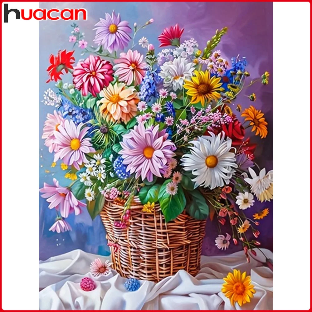 Huacan Vollquadratisches und rundes Diamant-Gemälde, Gänseblümchen-Korb, Diamant-Mosaik, Blumen-Komplettset, handgefertigtes Geschenk