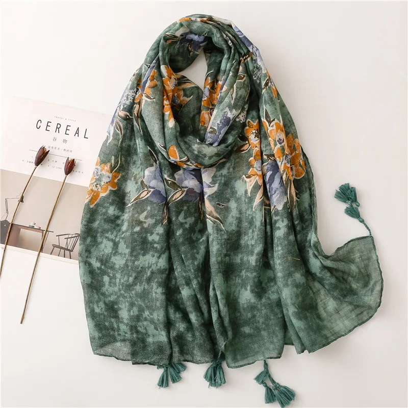 2022 Luxury Fashion Women Viscose Scarf Ink Painting Floral Tassel Hijab Shawls and Wraps Female Foulard Echarpe Muslim Sjaal