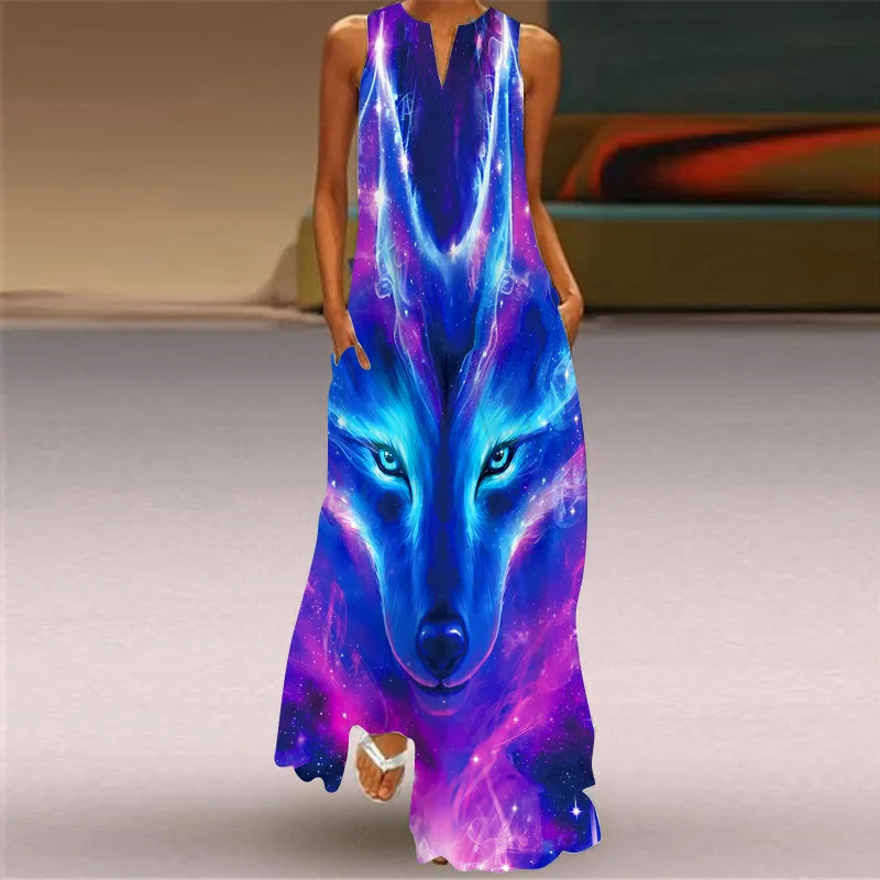 Vintage Print Maxi Kleid Für Frauen Sommer Lose Ärmellose Lange Kleider Elegante Dame V Neck Tasche Boho Strand Sommerkleid Vestidos