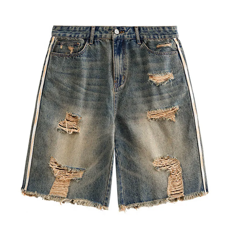 

Hi Street Ripped Pleated Casual Denim Shorts Washed Streetwear Patchwork Jeans Shorts For Male