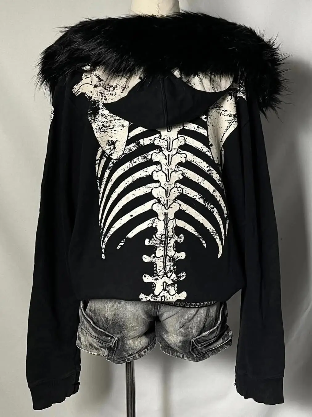 Fur Collar Hooded Jacket Fleece Punk Autumn Winter Hoodie American Retro Spicy Girl Subculture Skeleton Sweatshirt Sudadera