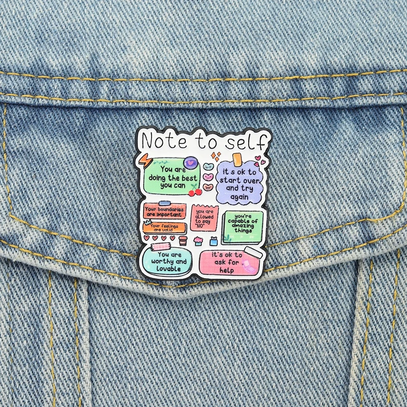 Emaille-Anstecknadeln mit motivierenden Zitaten, selbstliebende Notiz zu selbst, Broschen, Anstecknadeln, Cartoon-Angstlinderung, Schmuck, Geschenk für Freunde