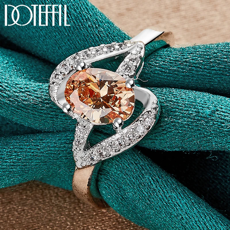 DOTEFFIL 925 Sterling Silver Orange 5A Zircon Ring For Woman Wedding Engagement Party Jewelry