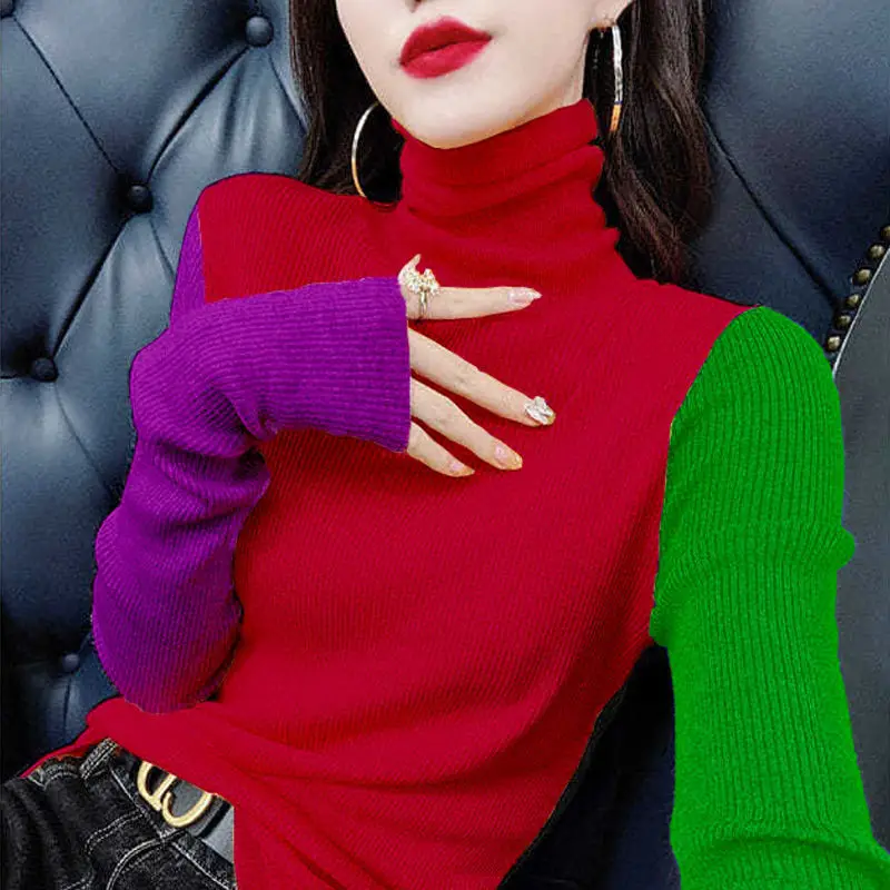 Fashion Turtleneck Long Sleeve Knitted Spliced Color Sweater Women\'s Clothing 2022 Autumn New Loose Casual Pullovers Korean Tops