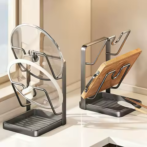 ​Kitchen Pot Lid Rack No Drill Pot Lid Organizer Kitchen Space Saving Countertop Organizer Rack with Drainage Tray Easy to Clean